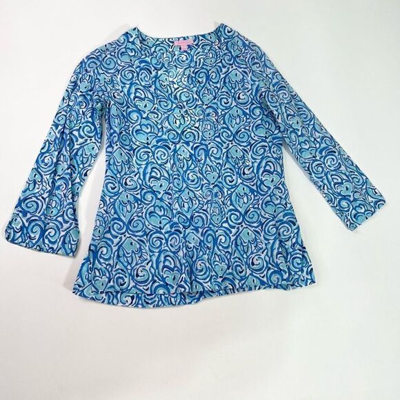 Lilly Pulitzer Amelia Island Tunic Top Womens Blue Small Abstract Split V-neck - Picture 2 of 11